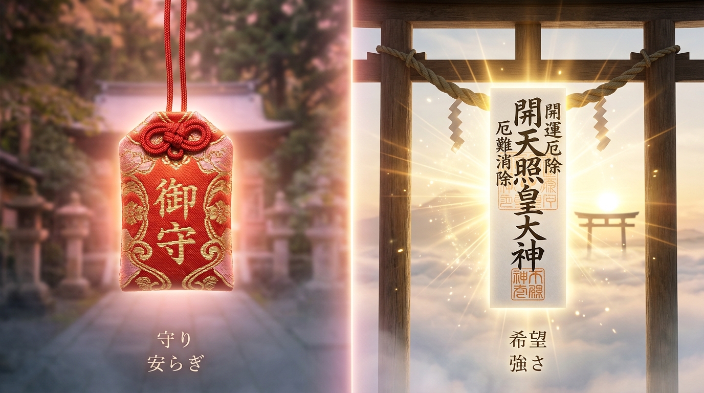 柔らかい光を放つお守りと、澄んだエネルギーを感じさせる護符が木製の机に置かれた、安心感を与えるイメージ画像