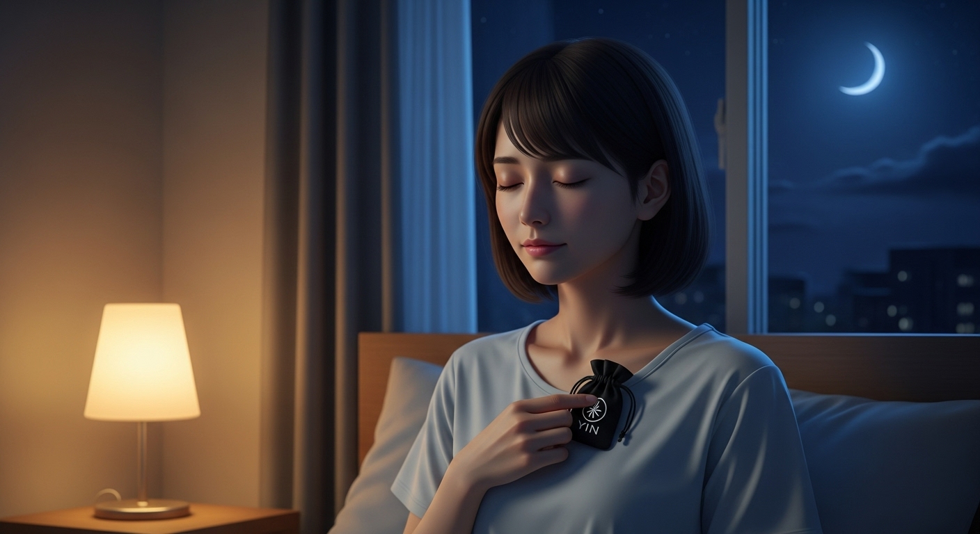 夜、ベッドサイドのランプの柔らかな光の中で、20代の日本人女性が目を閉じ、小さな黒いお守り袋（陰の護符）を胸にそっと当てている。彼女の表情は非常に穏やかで、安堵に満ちている。背景には、窓の外に静かな夜空と三日月が見える。心に溜まっていた重荷がすっと消えていくような、スピリチュアルで癒やしの雰囲気を表現。
