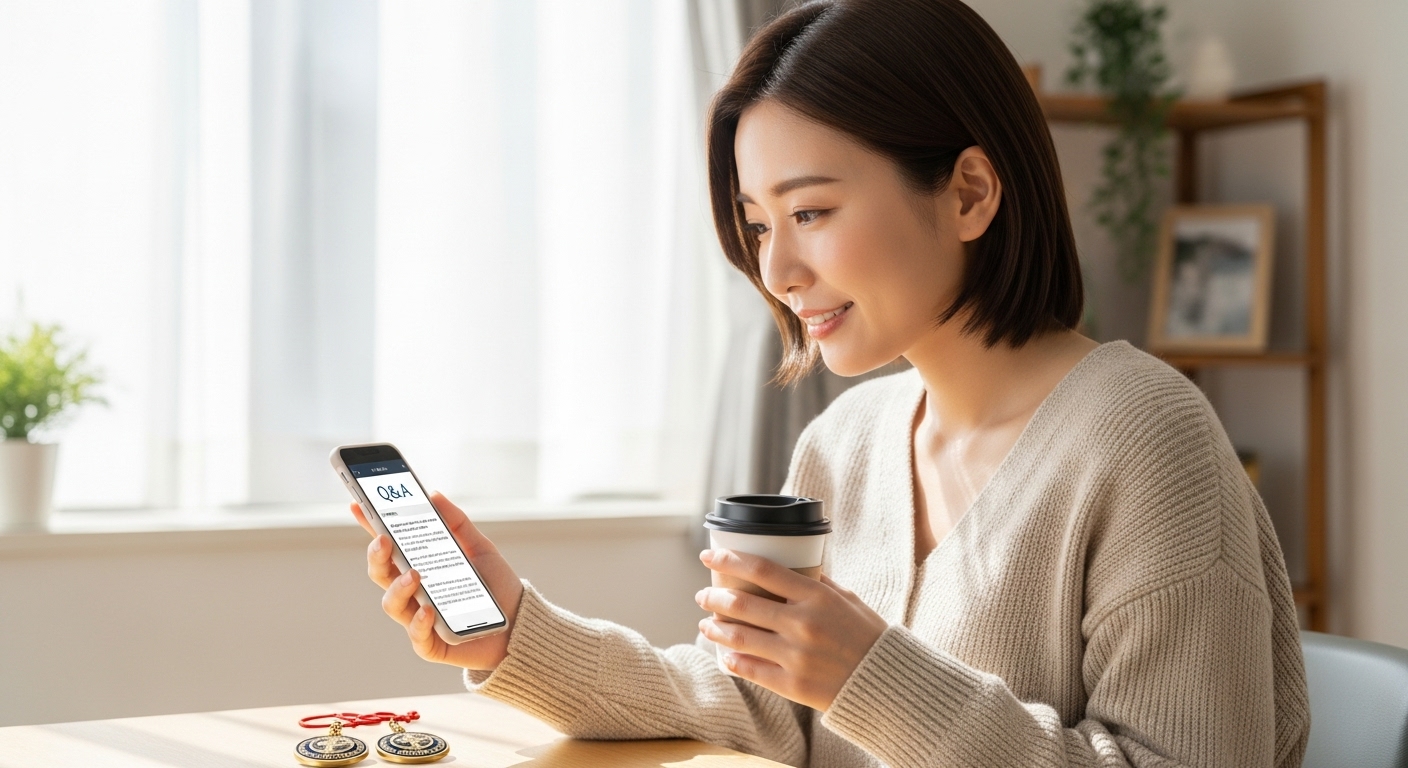明るい日差しが差し込む自分の部屋で、20代の日本人女性がQ&A形式のブログ記事をスマホで読みながら、心から「ほっとした」という表情で穏やかに微笑んでいる。片手にはコーヒーカップ。彼女のそばの机には、大切に置かれた二つのお守り袋（護符）が見える。不安が解消され、未来への希望が湧いてきている、ポジティブで安心感に満ちたシーン。