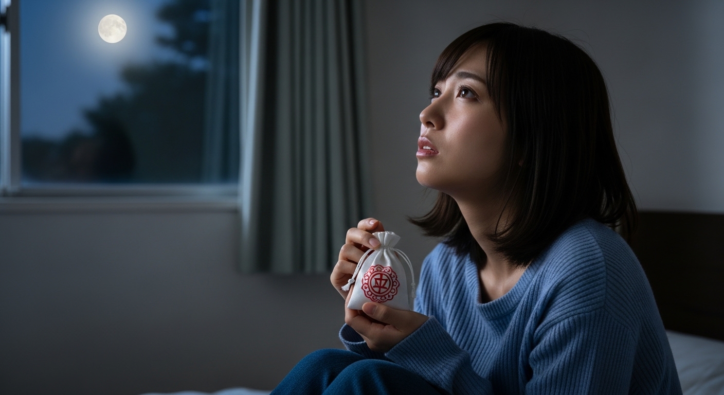 夕暮れ時、自室のベッドに座り、窓の外の月を少し切なげな表情で見上げている20代の日本人女性。手には、そっと握りしめた小さな白いお守り袋（護符）がある。彼女の表情は、不安と期待が入り混じっている。部屋は少し暗く、窓から差し込む月の光が彼女と護符を優しく照らしている。全体的に、淡く、エモーショナルな雰囲気。