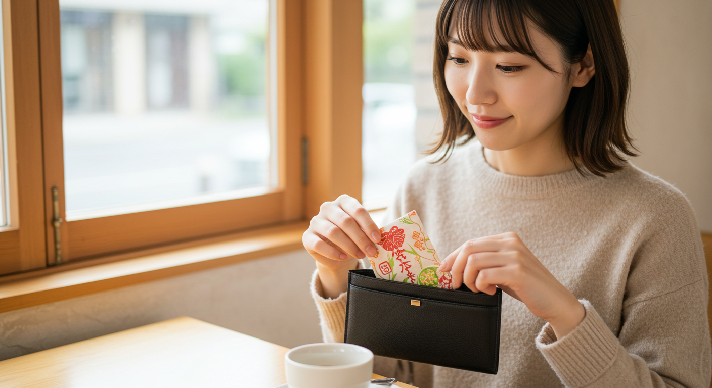 護符を他人に見られないように、そっとお財布にしまう日本人女性の上品な手元