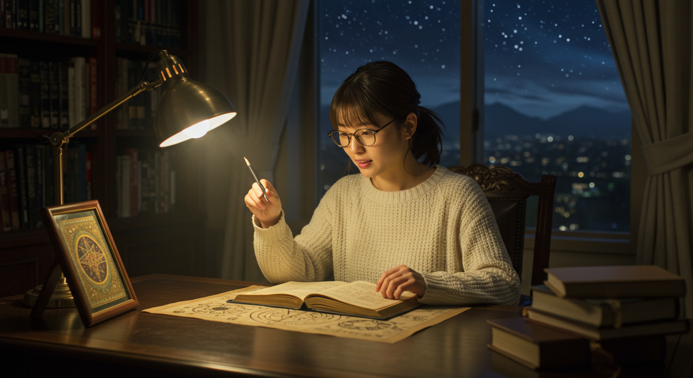 知的な日本人女性が、書斎で護符の仕組みについて書かれた本を読み解き、腑に落ちた表情を浮かべている様子